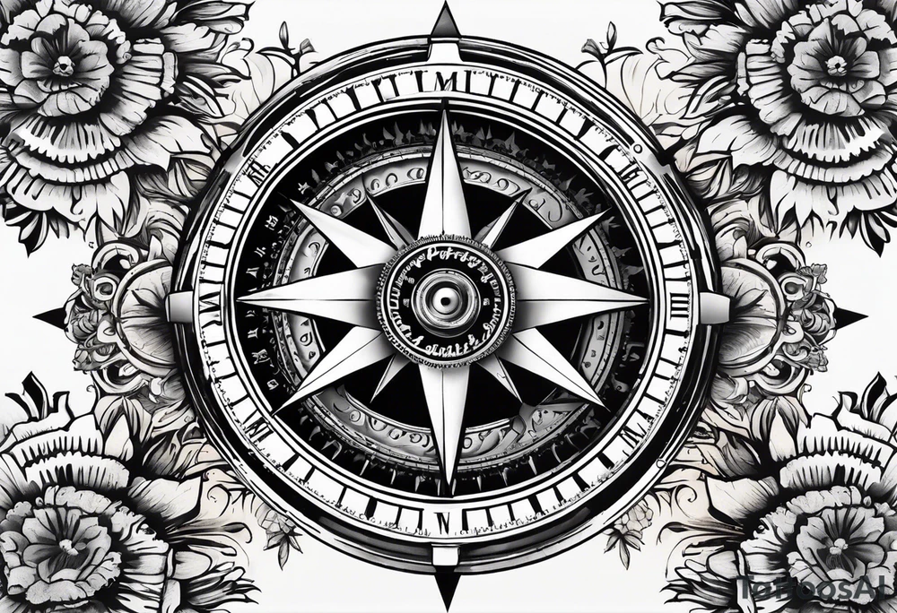A Vintage compass with gears and marigold flower behind the compass. tattoo idea