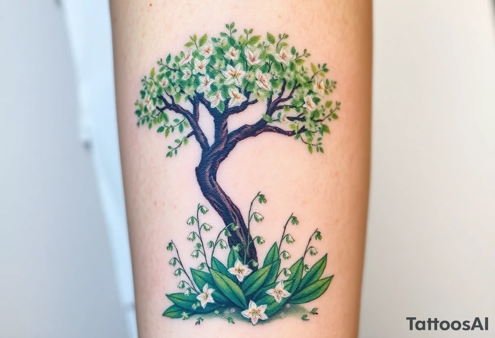 Lilly of the vally bell plants on the ground underneath a majestic blooming hawthorn tree tattoo idea