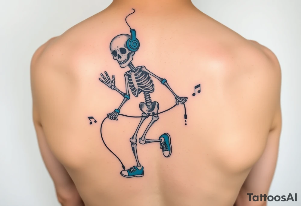Minimalist funny looking  young skeleton skipping on a jumping rope with blue headphone blue tennis shoes blue arm bands and music notes colorful tattoo idea