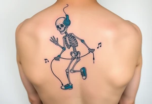 Minimalist funny looking  young skeleton skipping on a jumping rope with blue headphone blue tennis shoes blue arm bands and music notes colorful tattoo idea