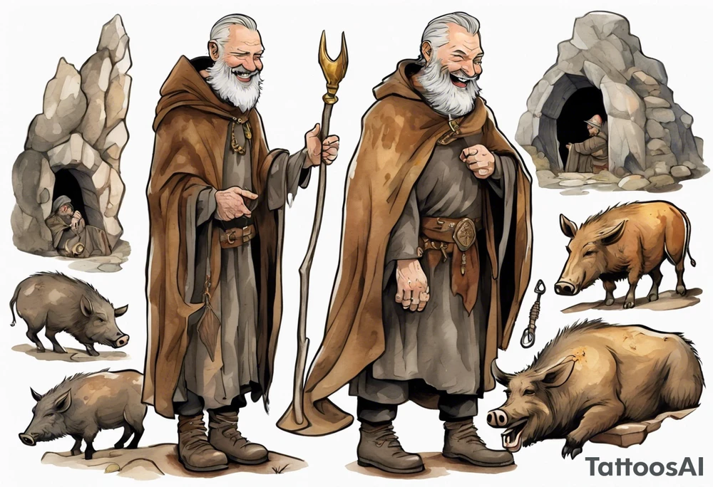 a 55-year-old medieval Nordic man with a grey beard laughing with a gold tooth wearing a brown and black cloak standing next to a boar in front of a cave tattoo idea