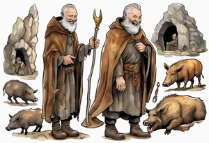 a 55-year-old medieval Nordic man with a grey beard laughing with a gold tooth wearing a brown and black cloak standing next to a boar in front of a cave tattoo idea