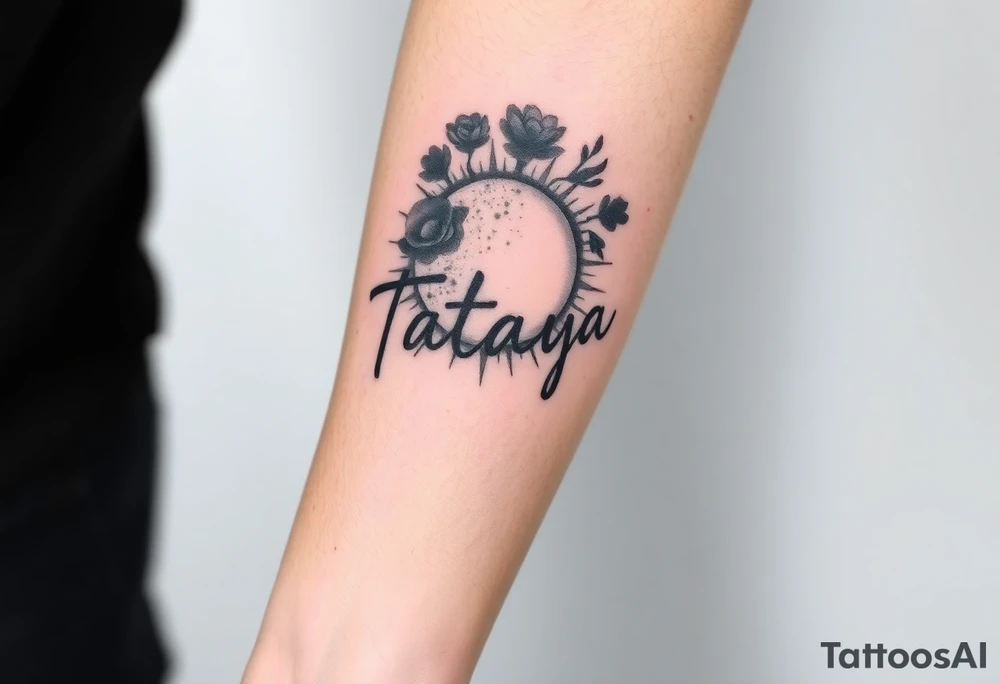 Forearm tattoo for a man using the name “Tatayana” Starting from the wrist, stretching to the elbow with the sun and moon tattoo idea