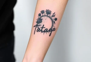 Forearm tattoo for a man using the name “Tatayana” Starting from the wrist, stretching to the elbow with the sun and moon tattoo idea