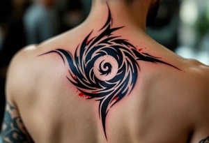 A tribal black spiral with bold, sharp edges, filled with hints of blood red. tattoo idea