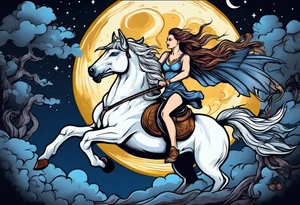 Edgy woman riding a Pegasus fighting a werewolf under a full moon tattoo idea