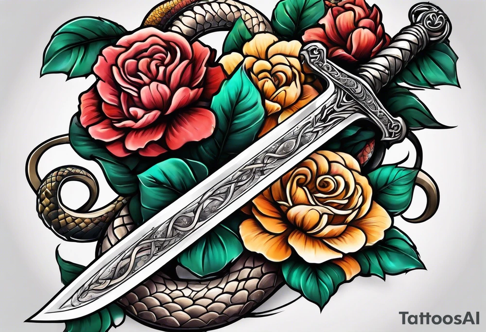 Sword with snake and flowers wrapped around it tattoo idea