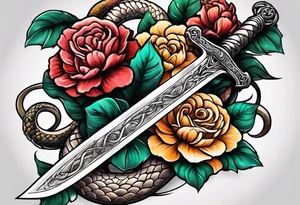 Sword with snake and flowers wrapped around it tattoo idea