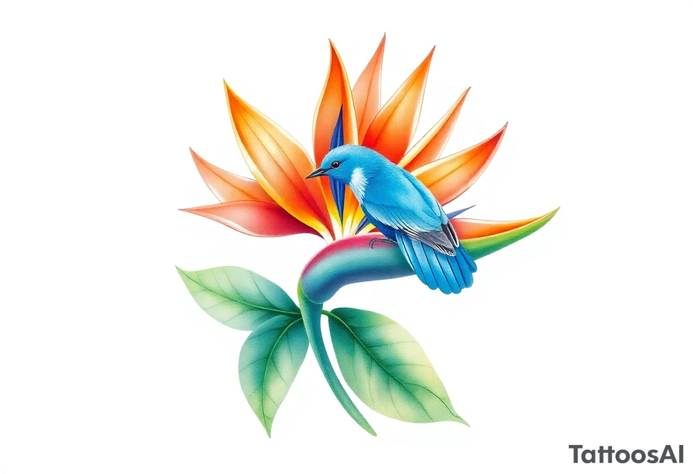 Bird of paradise flower with blue bird tattoo idea
