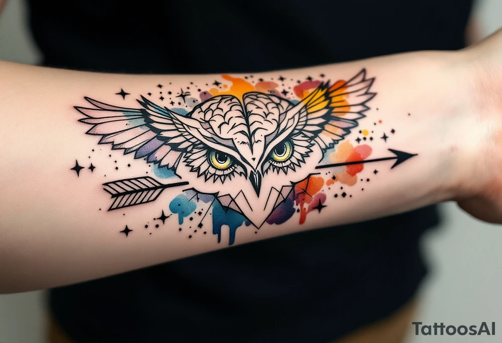 Tattoo inspired in the gifted brain in geometric and straight lines, with few watercolor details but mostly black, symbols representing intelligence, creativity and dreaming flying arround, the phrase "It begins with a dream", owl wings behind and delicate and discrete owl eyes looking forwar, and an arrow crossing from above with watercolors leaking from it tattoo idea