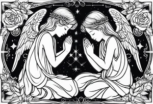 3 angels praying together. The two boy angels are on either side of the girl angel, with their wings gently enfolding tattoo idea