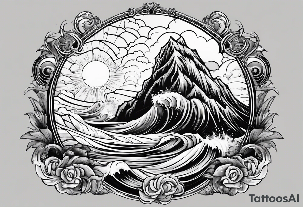 lighting with zeus showing strength and fear and the ocean waves tattoo idea