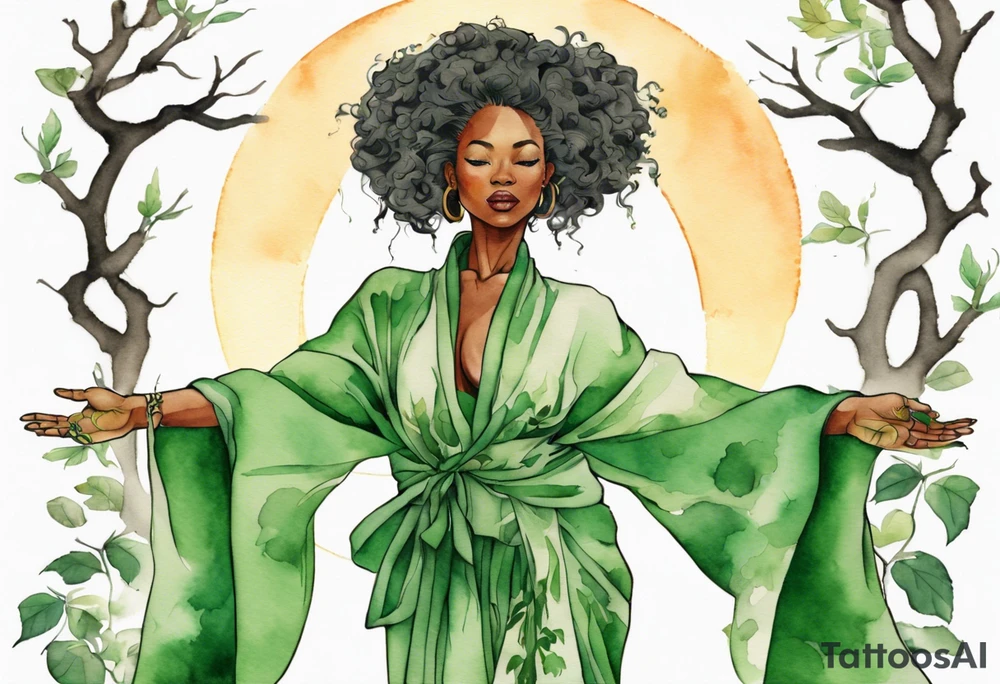 a beautiful black woman wearing a green robe with legs that turn into tree roots, arms reaching up towards the sun tattoo idea