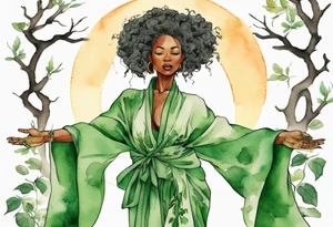 a beautiful black woman wearing a green robe with legs that turn into tree roots, arms reaching up towards the sun tattoo idea