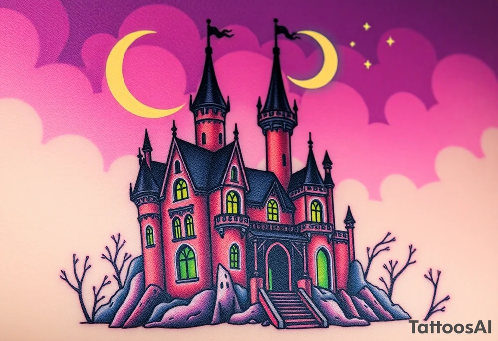 Tim Burton’s disney sleeping beauty’s haunted castle is abandoned and dripping with muted reds, dusty pinks, and eerie green glow.purple and cyan smokey clouds swirl in the crescent moonlit sky thats sprinkled with stars tattoo idea tattoo idea