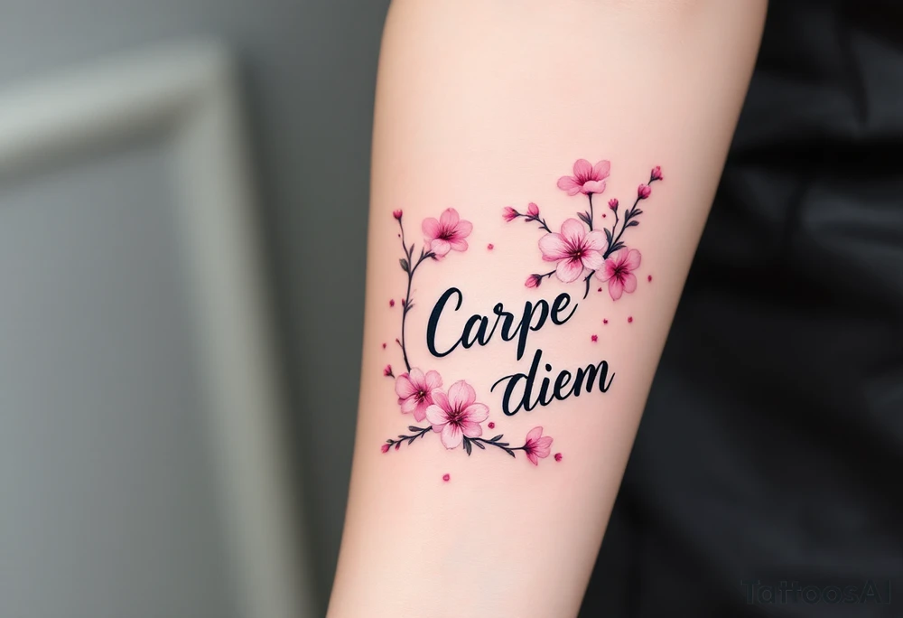 Elegant black script "Carpe Diem" flowing across the forearm with delicate watercolor pink cherry blossoms wrapping around. tattoo idea
