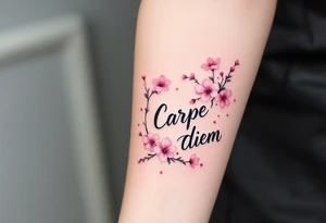 Elegant black script "Carpe Diem" flowing across the forearm with delicate watercolor pink cherry blossoms wrapping around. tattoo idea
