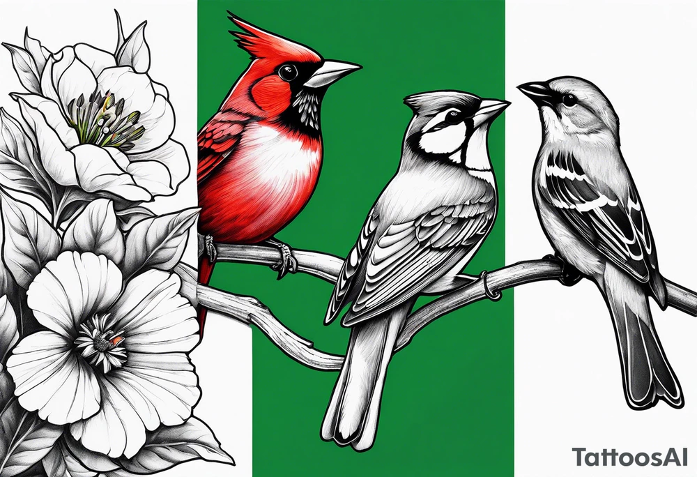 A flower garden with three birds one red cardinal one green and red breasted humming bird and one yellow finch tattoo idea