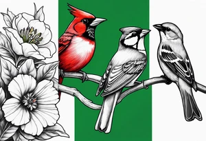 A flower garden with three birds one red cardinal one green and red breasted humming bird and one yellow finch tattoo idea