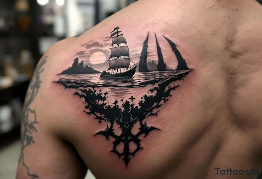 trident half way under calm water with sanger DXII boat and sunset tattoo idea