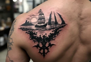trident half way under calm water with sanger DXII boat and sunset tattoo idea