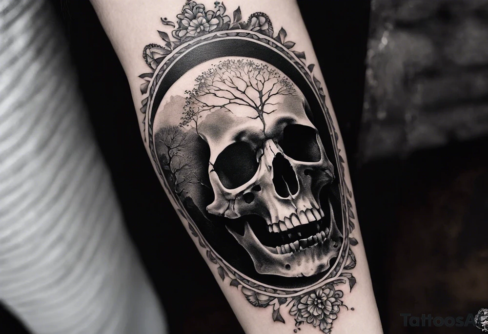I wanted to keep the image simple, without too many ornate backgrounds. The focus was on the roughness of the hand-drawn, imperfect, disharmonious look. The photo was in black and white, with just a skull looking up at the sky. In the hazy fog, the skeleton is trying to give off a feeling of trypophobia tattoo idea