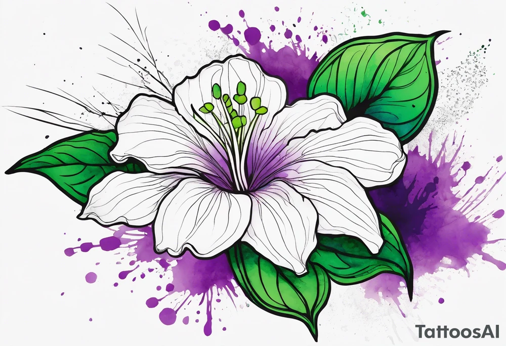 An outline of a green rio dipladenia flower and a green and purple watercolor splash in the background tattoo idea
