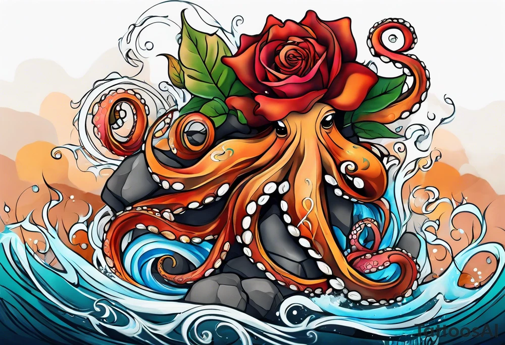 masculine abstract left thigh tattoo with a large octopus in water swirls wrapping around rocks, a rose, in fall colors with some small leaves and fall elements tattoo idea
