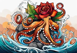 masculine abstract left thigh tattoo with a large octopus in water swirls wrapping around rocks, a rose, in fall colors with some small leaves and fall elements tattoo idea