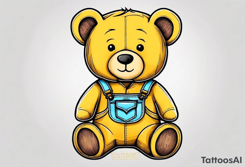 the back of a standing teddy bear in yellow overalls tattoo idea