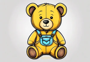 the back of a standing teddy bear in yellow overalls tattoo idea