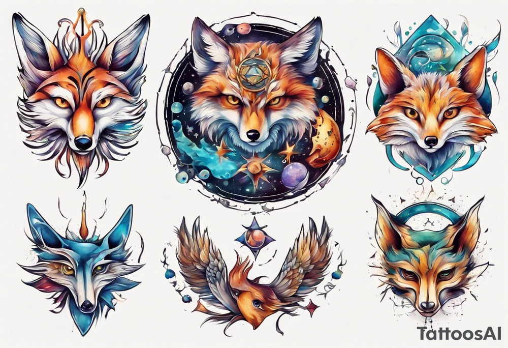 fisch, fuchs und eule , symetrie universum, bunt tattoo idea