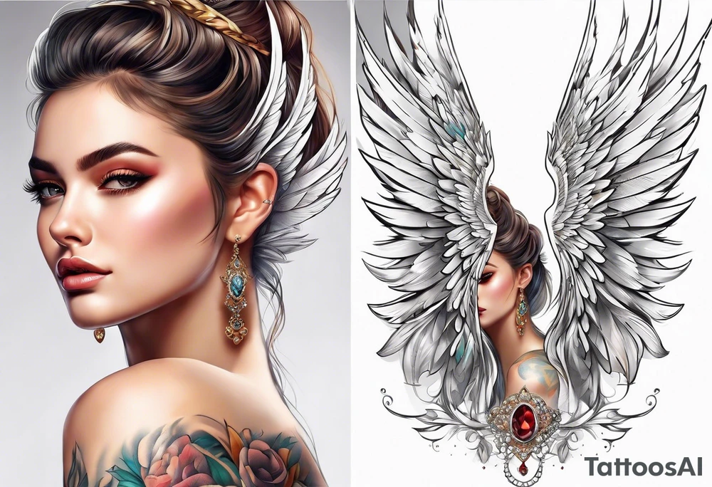 Beautiful woman angle with large white wrap around wings tattoo idea