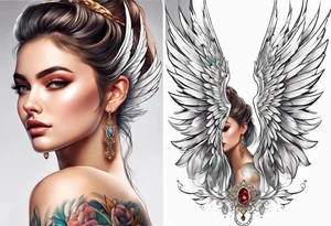 Beautiful woman angle with large white wrap around wings tattoo idea
