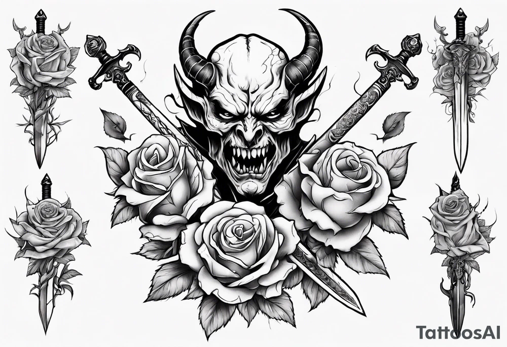 Demon with roses and sword tattoo idea