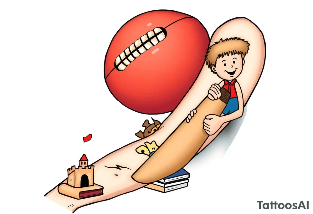 Collage of childhood memories including a football, a cricket bat, the comic character Dennis the Menace, a sandcastle and a small pile of books. tattoo idea