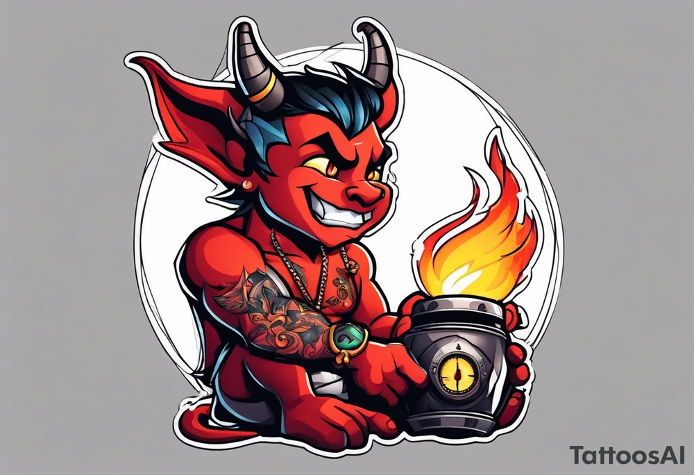 cute devil boy holding a timebomb tattoo idea