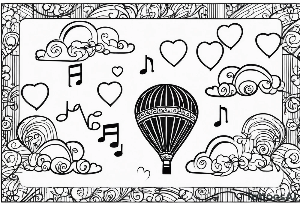 music notes and hearts with balloons up in the clouds tattoo idea