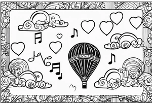 music notes and hearts with balloons up in the clouds tattoo idea