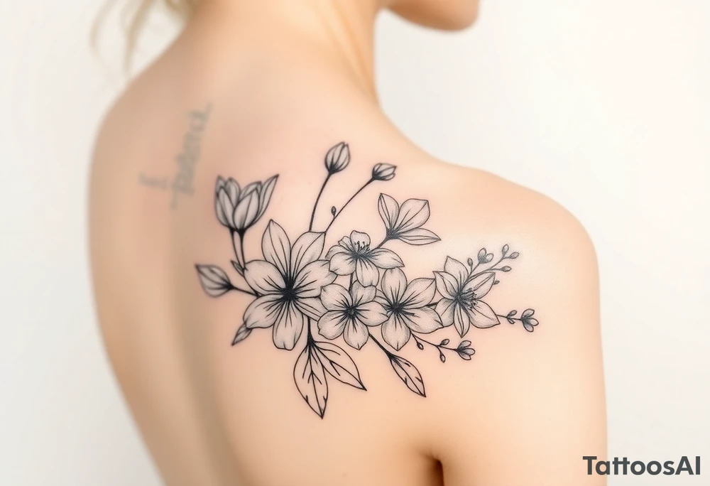 botanical tattoo with flowers such as tulips and lilies and cherry blossoms on the upper arm tattoo idea