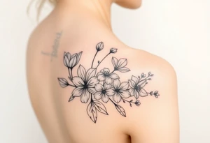 botanical tattoo with flowers such as tulips and lilies and cherry blossoms on the upper arm tattoo idea