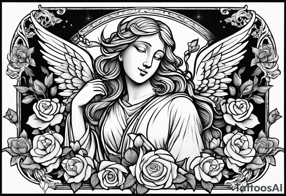 Simple Angel statue stood on a rock with daffodils and roses wrapped around its legs tattoo idea