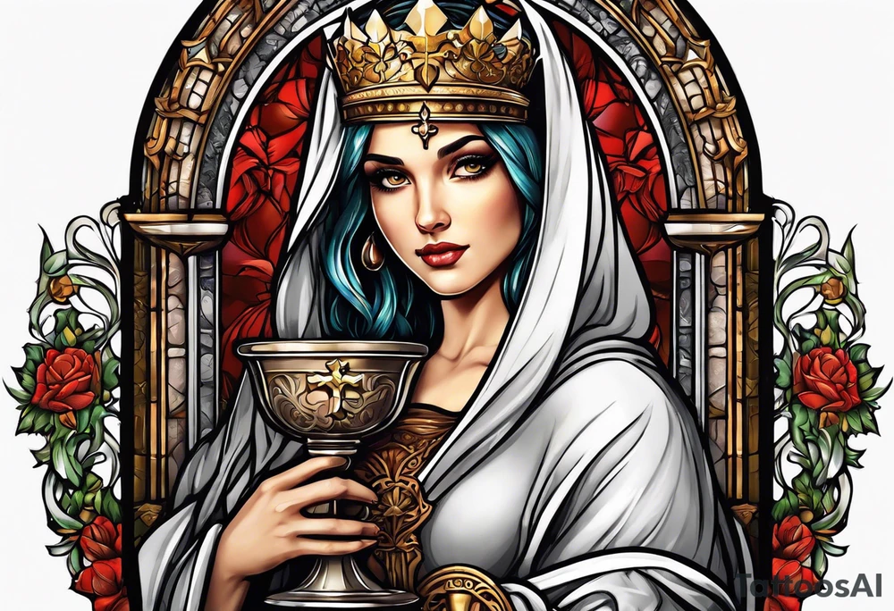 Female saint holding a chalice tattoo idea