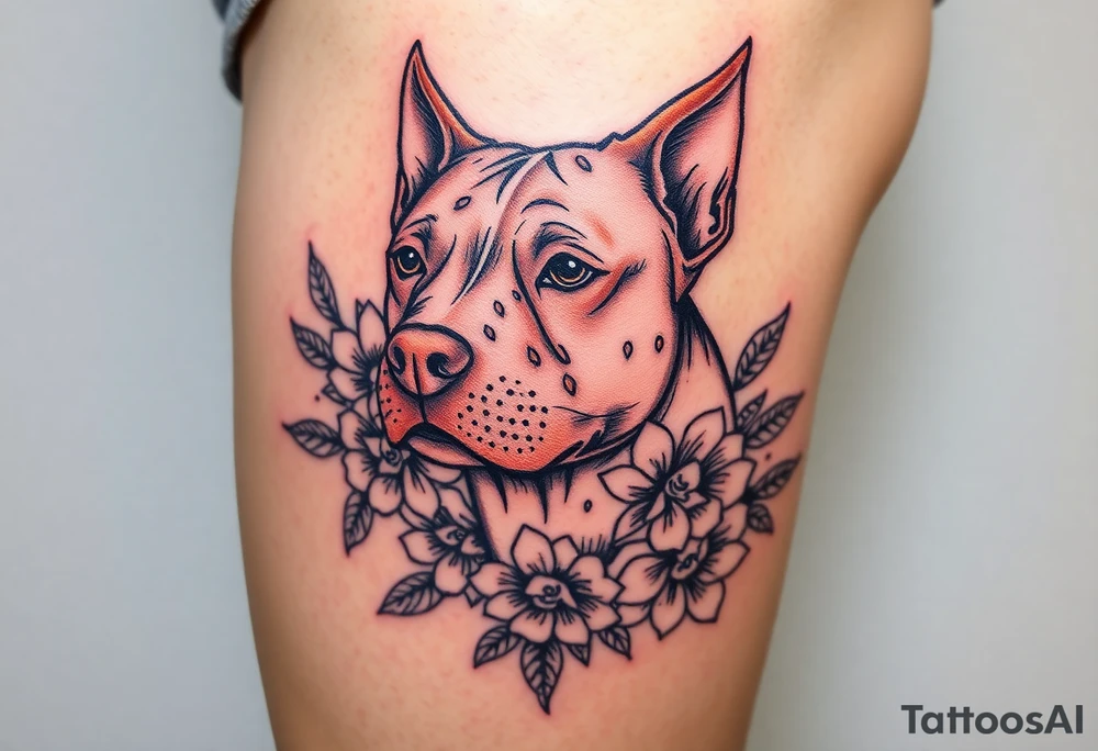 Fawn and white Pitbull head with flowers tattoo idea