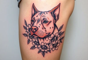 Fawn and white Pitbull head with flowers tattoo idea