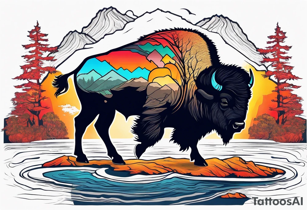 bison silhouette with grand prismatic spring colors tattoo idea