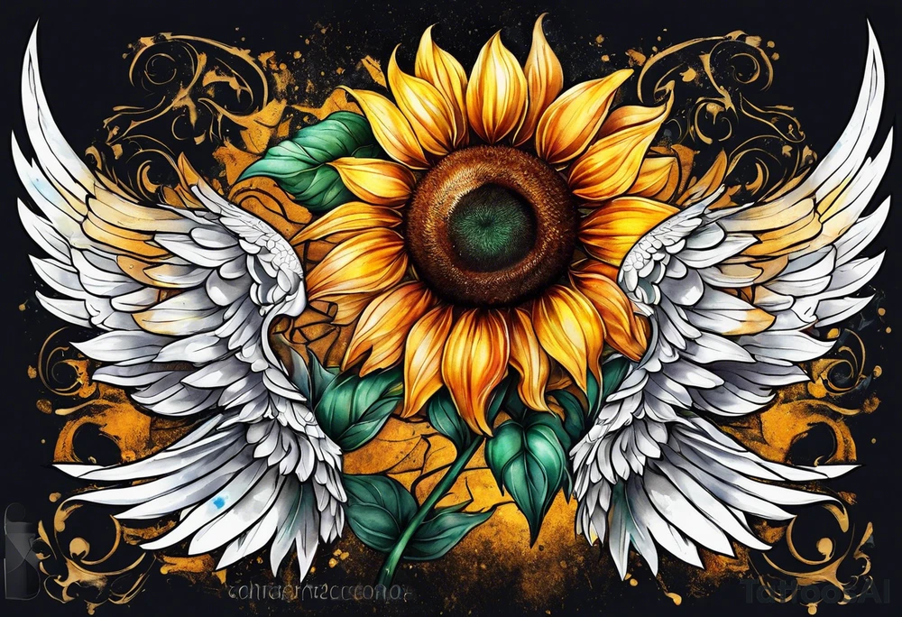 Sunflower and angel wings sleeve tattoo idea
