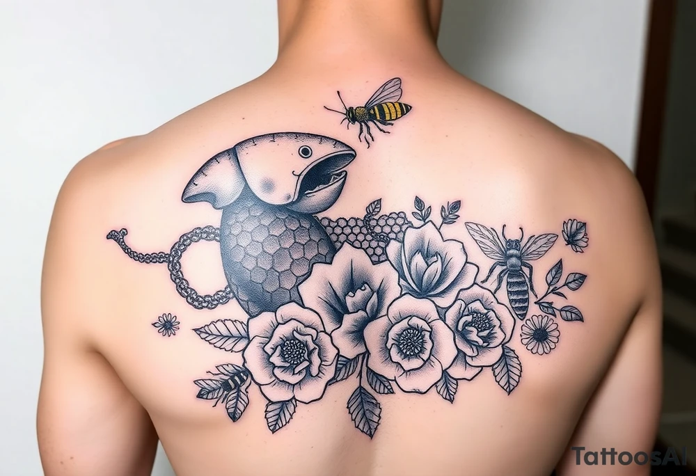 Colorful sea creatures with honey comb, bees, and roses tattoo idea