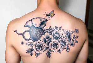 Colorful sea creatures with honey comb, bees, and roses tattoo idea