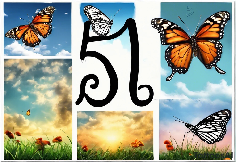 5 butterfly’s dad butterfly, with initial E. O mom butterfly with initial L. O daughter butterfly initial M 2nd daughter with initial M son butterfly initial R.o background the sky beautiful sky colors and grassy area. tattoo idea